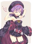  1girl armpits bare_shoulders belt blush detached_sleeves eyebrows_visible_through_hair fate/grand_order fate_(series) hat helena_blavatsky_(fate/grand_order) jacket looking_at_viewer one_eye_closed open_mouth purple_hair satou_kibi short_hair sketch smile solo strapless thigh-highs tree_of_life violet_eyes 