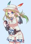  1girl black-framed_eyewear blue_background blue_eyes blush breast_pocket bucket_hat camouflage camouflage_bag cowboy_shot dot_nose eyebrows_visible_through_hair glasses gloves green_hair hair_ornament hair_ribbon hand_in_hair hat hat_feather kawanobe kemono_friends long_hair looking_at_viewer mirai_(kemono_friends) open_mouth pink_ribbon pocket ribbon safari_jacket semi-rimless_glasses short_over_long_sleeves simple_background smile solo teeth under-rim_glasses upper_teeth white_gloves white_hat wind 