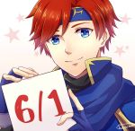  1boy armor blue_eyes fire_emblem fire_emblem:_fuuin_no_tsurugi headband kazame looking_at_viewer male_focus number_pun redhead roy_(fire_emblem) short_hair smile 