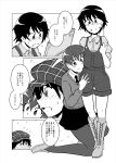  2girls blush boots braid comic full-face_blush girls_und_panzer hair_over_shoulder hat isobe_noriko long_hair matum0t0desu monochrome multiple_girls necktie pantyhose rukuriri shorts single_braid suspenders sweater translation_request 