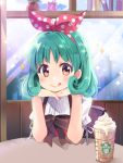  1girl :q arm_rest black_bow blurry blush book bow brand_name_imitation brown_eyes building chin_rest chocho_(homelessfox) clouds coffee commentary_request curly_hair depth_of_field eyebrows_visible_through_hair food food_on_face glass green_hair hair_bow hair_ribbon hairband hands_together idolmaster idolmaster_million_live! looking_back polka_dot_hairband polka_dot_ribbon pov_across_table ribbon shelf sitting solo sparkle starbucks_siren tokugawa_matsuri tongue tongue_out upper_body window 