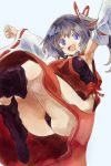  1girl alternate_costume armpits blue_eyes boots breasts cosplay detached_sleeves hair_ribbon large_breasts leotard looking_at_viewer m.u.g.e.n mononobe_no_futo open_mouth outstretched_arms ribbon sendai_hakurei_no_miko sendai_hakurei_no_miko_(cosplay) side_ponytail silver_hair smile solo touhou wide_sleeves yohane 