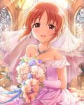  1girl abe_nana artist_request blush bouquet bridal_veil brown_eyes brown_hair church dress earrings elbow_gloves flower gloves idolmaster idolmaster_cinderella_girls jewelry necklace official_art veil wedding_dress white_dress white_gloves 