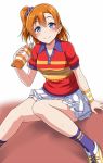  10s 1girl bangs blue_eyes blush bottle bracelet collared_shirt commentary_request eyebrows_visible_through_hair holding holding_bottle jewelry kousaka_honoka looking_at_viewer love_live! love_live!_school_idol_project miniskirt one_side_up orange_hair polo_shirt scrunchie shirt shoes short_sleeves sitting skirt smile sneakers socks solo sweat water_bottle wristband yopparai_oni 