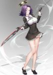  1girl absurdres black_gloves dress full_body glaive gloves hair_intakes highres holding holding_weapon kantai_collection long_sleeves mechanical_halo no_legwear polearm purple_hair school_uniform short_hair solo standing tatsuta_(kantai_collection) violet_eyes weapon yagitome87 