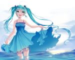  1girl :d ahoge bare_arms bare_shoulders blue_eyes blue_hair blush breasts bright_pupils clouds collarbone cowboy_shot day dress dress_lift floating_hair frilled_dress frills hair_ornament hair_scrunchie hatsune_miku highres horizon lifted_by_self long_hair looking_at_viewer mechuragi ocean open_mouth reflection round_teeth scrunchie sleeveless sleeveless_dress small_breasts smile solo sparkle standing sundress sunlight teeth thighs twintails very_long_hair vocaloid wading water wind 