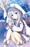  1girl :o animal_ears animal_hood bangs belt blue_choker blue_dress blue_eyes blue_sky blush brown_belt bunny_hood chimame_chronicle choker cloak clouds commentary_request convenient_leg detached_sleeves dress eyebrows_visible_through_hair fake_animal_ears full_body gochuumon_wa_usagi_desu_ka? hair_between_eyes hair_ornament hair_scrunchie hairclip holding holding_staff hood hooded_cloak kafuu_chino kedama_(kedama_akaza) light_blue_hair light_rays long_hair looking_at_viewer open_mouth outline rabbit_ears ribbon_choker scrunchie shoes sky sleeveless sleeveless_dress snow squatting staff strapless strapless_dress twintails white_cloak white_hood white_outline white_shoes white_sleeves x_hair_ornament 