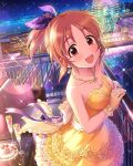  1girl abe_nana alcohol artist_request brown_eyes brown_hair cake card_(medium) champagne character_name dress earrings flower_(symbol) food hair_ribbon idolmaster idolmaster_cinderella_girls jewelry necklace official_art ponytail ribbon short_hair strapless strapless_dress yellow_dress 