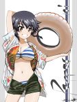  1girl 2017 bikini bikini_under_clothes black_hair braid breasts brown_eyes brown_shorts bukkuri character_name cleavage cowboy_shot dated dress_shirt girls_und_panzer grin hawaiian_shirt highres innertube large_breasts looking_at_viewer navel o-ring_top open_clothes open_fly open_shirt pepperoni_(girls_und_panzer) shirt short_hair shorts side_braid signature smile solo striped striped_bikini swimsuit swimsuit_under_clothes 