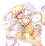  1girl :d animal_print babydoll blonde_hair blush_stickers bunny_print clouds hair_between_eyes kouji_(kari) lingerie long_hair looking_at_viewer lying magical_girl mahou_shoujo_ikusei_keikaku multicolored_hair negligee nemurin on_back open_mouth panties pillow purple_hair smile two-tone_hair underwear very_long_hair violet_eyes wrist_cuffs 