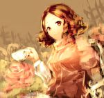  1girl blurry brown_eyes brown_hair cup curly_hair flower grey_background holding holding_cup looking_at_viewer mozuyun okumura_haru persona persona_5 rose short_hair smile solo teacup upper_body 