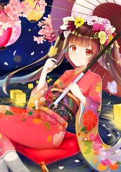  1girl absurdres bangs blunt_bangs bow branch breasts brown_hair butterfly cherry_blossoms closed_mouth cushion eroge-_(artist) eyebrows_visible_through_hair floating_hair floral_print flower glowing_butterfly hair_bow hair_flower hair_ornament hand_up highres holding holding_umbrella japanese_clothes kimono lantern long_hair long_sleeves looking_at_viewer night night_sky obi obon orange_eyes oriental_umbrella original paper_lantern petals petals_on_water pink_bow pink_flower print_kimono print_obi red_kimono ripples sash shiny shiny_hair sidelocks sitting sky small_breasts smile solo star_(sky) starry_sky twintails umbrella water white_legwear wide_sleeves yellow_flower 