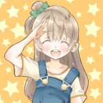  10s 1girl :d ^_^ bangs bow closed_eyes facing_viewer green_bow grey_hair hair_bow long_hair love_live! love_live!_school_idol_project minami_kotori one_side_up open_mouth orange_background overalls salute sanpo short_sleeves smile solo star starry_background upper_body 