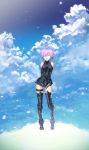  1girl ;d armor armored_boots arms_behind_back bare_shoulders black_boots black_leotard boots closed_eyes clouds cloudy_sky contrapposto day detached_sleeves fate/grand_order fate_(series) full_body groin hair_over_one_eye highres kawasemi_(pocorit) leotard one_eye_closed open_mouth outdoors purple_hair shielder_(fate/grand_order) short_hair sky smile solo standing stanidn thigh_strap 