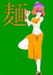  1girl arms_(game) bangs beanie blonde_hair breasts chinese_clothes chopsticks facepaint food green_eyes hat humanization looking_at_viewer mask min_min_(arms) navel noodles ramen short_hair smile solo 