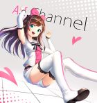  1girl a.i._channel armpits blush boots breasts brown_hair copyright_name detached_sleeves drogoth from_below green_eyes hair_ribbon highres kizuna_ai long_hair looking_at_viewer multicolored_hair pink_hair pink_ribbon ribbon shorts small_breasts smile solo thigh-highs thigh_boots 