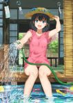  1girl :d adjusting_clothes adjusting_hat blush eyebrows_visible_through_hair flower hat hat_flower highres holding_hose hose k_ryo looking_at_viewer open_mouth original partially_submerged pink_shirt pool shirt sitting smile soaking_feet solo straw_hat wading_pool water water_drop wind_chime 