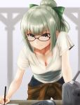  &gt;:) 1girl bangs blunt_bangs blurry blurry_background bow breasts brown-framed_eyewear brown_pants cleavage closed_mouth collarbone cowboy_shot downblouse foreshortening glasses green_bow green_eyes green_hair hair_bow highres holding holding_pen kantai_collection kokuzoo leaning_forward long_hair medium_breasts pants shiny shiny_hair shirt short_sleeves smile solo standing table turret white_shirt writing yuubari_(kantai_collection) 