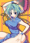  1girl blue_eyes breasts china_dress chinese_clothes dress fan feather_fan folding_fan green_hair hand_on_thigh large_breasts shadow solo 