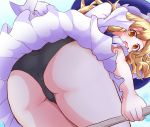  !? 1girl ass black_panties blonde_hair blush broom broom_riding d: from_below highres kirisame_marisa nioti open_mouth panties solo thick_thighs thighs touhou underwear upskirt yellow_eyes 