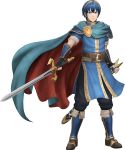  1boy arm_guards bangs belt blue_eyes blue_hair boots cape elbow_gloves falchion_(fire_emblem) fingerless_gloves fire_emblem fire_emblem:_mystery_of_the_emblem fire_emblem_musou full_body gauntlets gloves highres holding holding_sword holding_weapon jewelry knee_boots looking_at_viewer male_focus marth official_art pants sheath short_hair short_sleeves solo sword tiara transparent_background weapon 