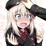  blue_eyes blush garrison_cap girls_und_panzer hat itsumi_erika kuromorimine_military_uniform long_hair nakahira_guy open_mouth petting silver_hair solo_focus trembling 