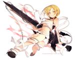  1girl ;d black_panties blonde_hair breasts chains cleavage collarbone full_body holding holding_sword holding_weapon kai-ri-sei_million_arthur looking_at_viewer lpip medium_breasts one_eye_closed open_mouth panties red_eyes sarashi short_hair simple_background smile solo sword underwear weapon white_background 