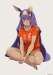  1girl alternate_costume barefoot black_panties blush casual commentary_request dark_skin facial_mark fate/grand_order fate_(series) full_body hairband highres indian_style kerorira long_hair looking_at_viewer nitocris_(fate/grand_order) no_pants panties pout purple_hair shirt sidelocks simple_background sitting solo twitter_username underwear very_long_hair violet_eyes 
