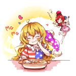  2girls ^_^ ahoge american_flag_dress apron barefoot blonde_hair chains closed_eyes clownpiece commentary_request earth_(ornament) eating food hand_on_own_cheek hat hat_removed headwear_removed heart hecatia_lapislazuli highres iiwake index_finger_raised jester_cap long_hair macaron mg_mg miniskirt moon_(ornament) multicolored multicolored_clothes multicolored_skirt multiple_girls neck_ruff pasta polka_dot polos_crown redhead skirt smile spatula spoon star star_print striped touhou translation_request very_long_hair wavy_hair 