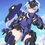  &gt;:( 1girl annoyed bare_shoulders black_gloves blue_eyes blue_hair blue_sky blush day dd_(ijigendd) dutch_angle elbow_gloves frame_arms_girl frown gloves gluteal_fold headgear long_hair looking_at_viewer mecha_musume panties shiny shiny_clothes shiny_hair shiny_skin skirt sky solo striped striped_panties stylet thigh-highs twintails underwear very_long_hair 