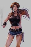  1girl black_lagoon breasts brown_eyes brown_hair cigarette denim denim_shorts fingerless_gloves gloves gun handgun hankuri large_breasts long_hair pistol ponytail revy_(black_lagoon) shorts solo tank_top tattoo weapon 