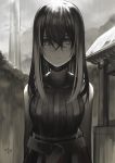  1girl :| belt black_hair closed_mouth dated dress expressionless grey grey_eyes hair_between_eyes looking_at_viewer muted_color original outdoors overcast pale_skin rain rayvon solo striped utility_pole vertical-striped_dress vertical_stripes wet wet_hair 