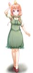  1girl arm_up bangs blush braid brown_shoes chick_on_head closed_mouth dress flats frilled_dress frills full_body green_dress highres hinako_note long_hair looking_at_viewer low_twintails na53 orange_hair sakuragi_hinako shoes short_sleeves side_braid simple_background smile solo standing twintails violet_eyes white_background 