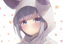  1girl animal_hood blush emilia_(re:zero) eyebrows_visible_through_hair grey_hair hood looking_at_viewer motokonut portrait re:zero_kara_hajimeru_isekai_seikatsu short_hair_with_long_locks sidelocks simple_background solo star violet_eyes white_background 