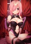  1girl black_gloves black_legwear boots breasts cleavage closed_mouth curtain_grab curtains elbow_gloves fate/grand_order fate_(series) gloves hair_over_one_eye high_heel_boots high_heels ichinose_yukino indoors large_breasts leotard looking_at_viewer navel navel_cutout pink_hair shielder_(fate/grand_order) sitting smile solo thigh-highs thigh_boots thigh_strap violet_eyes 