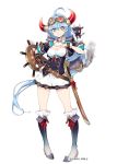  ahoge blue_eyes blue_hair boots copyright goggles horn_ornament long_hair official_art oshiro_project oshiro_project_re short_sleeves sword uwajima_(oshiro_project) very_long_hair weapon white_background yuranpo 