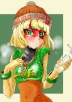  1girl :/ arms_(game) bangs beanie bendy_straw blonde_hair blunt_bangs blush bob_cut bottle bracelet breasts chinese chinese_clothes clothes_writing collarbone crop_top domino_mask drinking_straw eyelashes facing_viewer fingernails food green_eyes green_shirt hat holding holding_bottle hot jewelry knit_hat mask medium_breasts min_min_(arms) noodles open_mouth orange_hat raised_eyebrow sasori_chamaru shiny shiny_clothes shirt shirt_tug short_hair short_sleeves solo steam sweat thick_eyebrows tsurime upper_body water water_bottle zipper zipper_pull_tab 