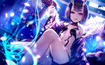  1girl breasts butterfly cup fate/grand_order fate_(series) horns japanese_clothes looking_at_viewer oni oni_horns open_clothes petals purple_hair revision sakazuki short_hair shuten_douji_(fate/grand_order) small_breasts solo violet_eyes yan_(nicknikg) 