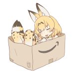  1girl amazon_(company) animal_ears blonde_hair bow box closed_eyes coupon_(skyth) eyebrows_visible_through_hair gloves in_box in_container kemono_friends lying on_back paw_pose print_bow print_legwear serval_(kemono_friends) serval_ears serval_print serval_tail simple_background solo tail thigh-highs tongue tongue_out white_background white_gloves 