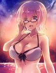  1girl :d backlighting bare_shoulders bikini_top blush breasts cleavage fate/grand_order fate_(series) glasses highres horizon large_breasts lavender_hair looking_at_viewer ocean open_mouth shielder_(fate/grand_order) short_hair smile solo suzune_rena swimsuit tagme upper_body violet_eyes 