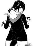  1girl animal baby_penguin bird emperor_penguin_(kemono_friends) greyscale happa_(cloverppd) headphones holding holding_animal hood hoodie kemono_friends looking_back monochrome namesake penguin tail white_background 