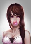  1girl absurdres alternate_eye_color bangs bare_shoulders bodysuit breasts brown_hair bubble_blowing chewing_gum cleavage collarbone d.va_(overwatch) dress eyelashes eyeliner facepaint facial_mark gradient gradient_background hair_over_shoulder highres long_hair looking_at_viewer makeup medium_breasts nose overwatch portrait revision sidelocks solo strapless strapless_dress swept_bangs upper_body violet_eyes whisker_markings xiaoxiaoxiaomo 