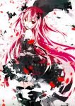  1girl :d absurdly_long_hair black_dress black_legwear black_ribbon character_name dated dress fang floating_hair from_side gothic_lolita hair_between_eyes hair_ornament happy_birthday highres krul_tepes lolita_fashion long_hair looking_at_viewer open_mouth owari_no_seraph petals pink_hair red_eyes ribbon ribbon-trimmed_sleeves ribbon_trim ruuya_higashino short_dress sleeveless sleeveless_dress smile solo thigh-highs very_long_hair 