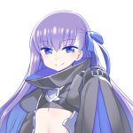  1girl bangs blue_eyes blue_ribbon blush chan_co closed_mouth eyebrows_visible_through_hair fate/extra fate/extra_ccc fate_(series) flat_chest hair_between_eyes hair_ribbon long_hair looking_at_viewer meltlilith meltlilith_(fate) purple_hair ribbon simple_background smile solo type-moon upper_body white_background 