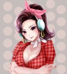  1girl alternate_costume bangs breast_hold breasts brown_eyes brown_hair cleavage collarbone crossed_arms cruiser_d.va d.va_(overwatch) earrings fingernails grey_background hair_ribbon head_tilt headphones hoop_earrings jewelry light_smile long_fingernails looking_at_viewer m-musume_(catbagel) medium_breasts nail_polish overwatch pink_ribbon plaid plaid_shirt polka_dot polka_dot_background ponytail red_nails red_shirt ribbon shirt short_sleeves solo swept_bangs unbuttoned unbuttoned_shirt upper_body white_choker 