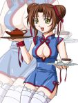  00s 1girl aru_ra_une blue_dress blue_skirt breasts brown_eyes brown_hair china_dress chinese_clothes cleavage cleavage_cutout double_bun dress earrings eclair_(kiddy_grade) jewelry kiddy_grade orange_channel panties pantyshot pantyshot_(standing) short_dress skirt solo standing tea thigh-highs underwear waitress white_legwear white_panties zoom_layer 