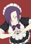  1girl ;) alternate_costume bow c: chikujouin_magane earrings enmaided female gobanme_no_mayoi_neko hair_over_one_eye heart heart_hands highres jewelry maid maid_headdress one_eye_closed purple_hair re:creators red_background simple_background torii tsurime wink yellow_eyes 