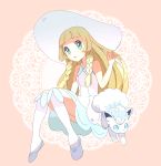  1girl alola_form alolan_vulpix blonde_hair braid dress green_eyes hat lillie_(pokemon) long_hair open_mouth pink_background pokemon pokemon_(anime) pokemon_(creature) pokemon_sm_(anime) popcorn_91 sleeveless sleeveless_dress sun_hat twin_braids white_dress white_hat 