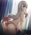  1girl ass bangs blue_eyes blush bow butt_crack copyright_name cowboy_shot curtains eromanga_sensei eyebrows_visible_through_hair from_behind gradient_hair grey_hair hair_bow holding holding_arm indoors izumi_sagiri long_hair looking_at_viewer looking_back low-tied_long_hair multicolored_hair panties parted_lips pink_bow pink_hair pink_panties rods see-through_silhouette shirt short_sleeves side-tie_panties sidelocks solo t-shirt tablet thighs underwear wedgie white_shirt 
