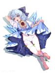  1girl barefoot blue_bow blue_dress blue_eyes blue_hair bow cirno dress flower full_body hair_bow highres ice ice_wings looking_at_viewer lying mochacot on_back pale_skin panties polka_dot polka_dot_panties puffy_short_sleeves puffy_sleeves red_ribbon ribbon short_dress short_sleeves simple_background smile solo sunflower tan tanned_cirno touhou underwear white_background white_panties wings 